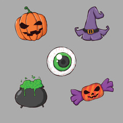 Halloween themed cartoon icons featuring a pumpkin, witch's hat, eye, cauldron, and candy.