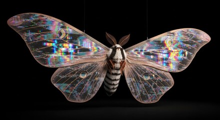 Spectral lepidopteran iridescent wings on isolated backdrop showcases detailed patterns and