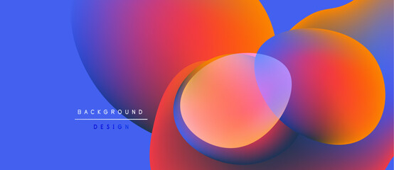 Abstract fluid shapes overlap, creating vibrant color gradients. Blue, purple, orange hues dominate design. Modern background element.