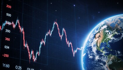 A global financial graph depicts market volatility and economic trends against a backdrop of Earth, symbolizing worldwide impact.