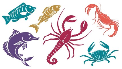 Fototapeta premium Bright sea creature silhouettes set, featuring whales, seahorses, and shells.