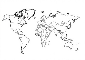 Simple black and white line art depicting a world map with detailed outlines of continents and country borders globally.