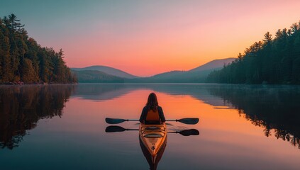 Lone kayaker paddles on a serene lake at sunrise with colorful sky and mountain reflections