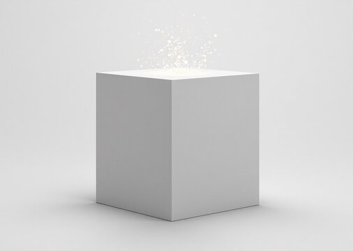 A sleek white cube glows brightly from within, emitting shimmering particles into the minimalist space, evoking mystery and wonder.