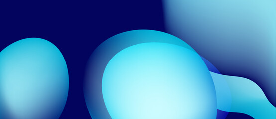 Abstract blue shapes overlap, creating soft gradients. Minimalist design evokes calm, fluid movement. Dark background emphasizes luminosity.