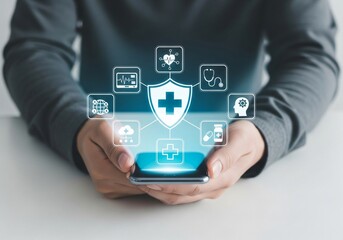 Healthcare and Medical Technology Concept. Person using laptop with virtual medical interface icons, representing digital health, AI, telemedicine, and innovative medical technology. modern services,