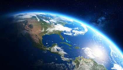 View Of Earth From Space Illuminated By Sunlight Showing Continents Oceans And Atmosphere Against A Starry Night Sky