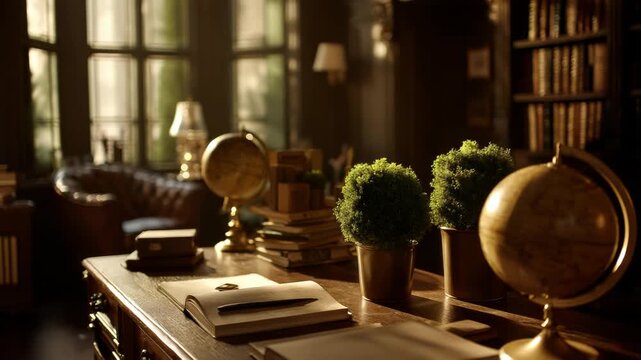 Intimate look at a distinguished vintage study filled with books and globes and plants