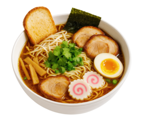 A delicious bowl of Japanese ramen soup with chashu pork, soft-boiled egg, narutomaki, nori, and bamboo shoots, Isolated on Transparent Background, PNG