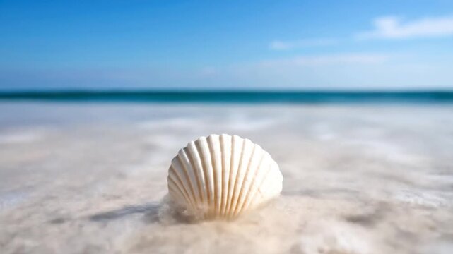 A single, ridged, white seashell sits centered in the frame on white sand. The sea horizon and blue sky are in the background