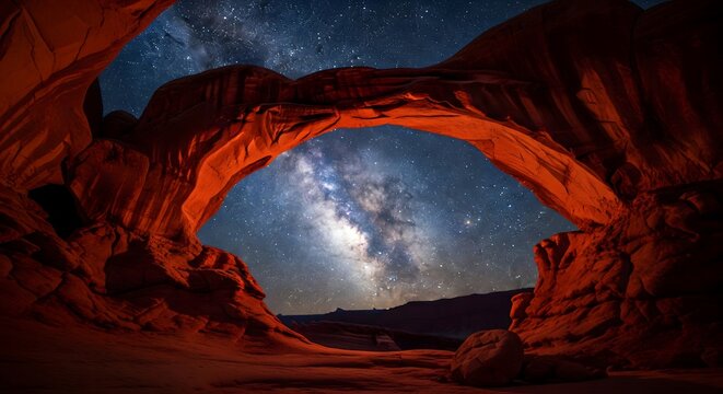 The Milky Way Galaxy Framed by a Natural Red Rock Arch in the Desert.