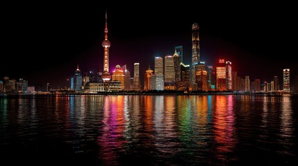 Obraz premium Colorful city skyline at night reflection