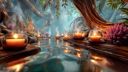 Relaxing retreat with glowing candles and lush greenery in a tranquil water setting