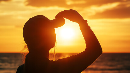 a person holding a cap with sunset backlight, silhouette style, emotional lifestyle branding.