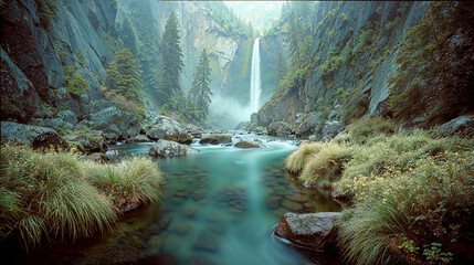 Majestic waterfall cascades into serene river surrounded by lush greenery in a tranquil natural setting