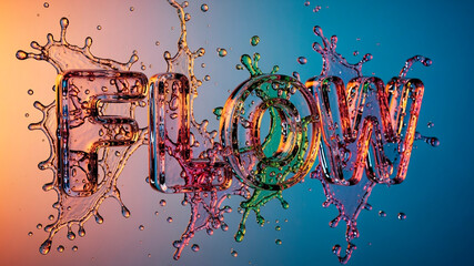 Word FLOW in transparent water splash letters on colorful background