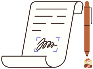 Signed scroll document with highlighted signature box, accompanied by a pen. Ideal for legal document, agreement, contract, business deal, e-signature, official paperwork, and simple flat metaphor