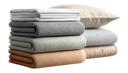 Cozy Stack of Soft Towels and Pillows on Transparent Background