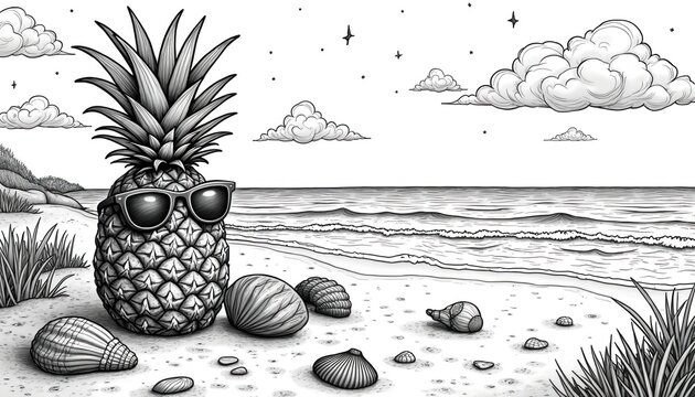 Illustration features pineapple with sunglasses, seashells on seashore. Detailed zen-tangle style line art. Perfect for coloring books for adults, children, promoting relaxation, creativity with