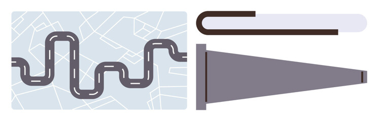 Winding road on map symbolizing journey, megaphone for communication, and bookmark for reading. Ideal for navigation, travel, planning, communication, leadership, advocacy simple flat metaphor