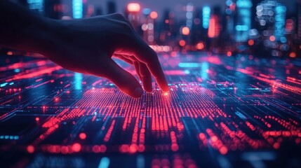 Hand interacting with glowing circuit board cityscape