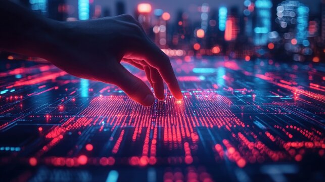 Hand interacting with glowing circuit board cityscape - Powered by Adobe