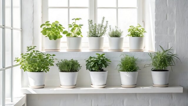 Collection of fresh green herbs growing in white pots on a windowsill