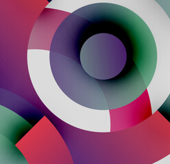 Fototapeta premium Abstract circles overlap, creating vibrant color blends. Purple, green, red hues dominate composition. Modern design, simple geometry.