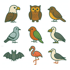 Fototapeta premium Cute Handdrawn Wild and Domestic Birds Illustration with Bat Collection