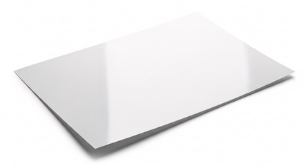 A slightly angled view of a single blank white sheet of paper with a faint shadow on white background on transparent background