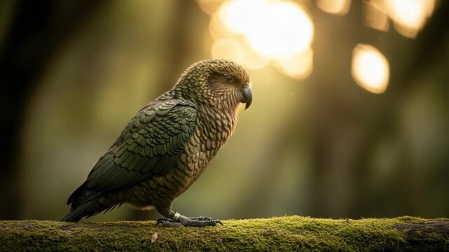 Beautiful Kea parrot perched on a mossy branch in a forest. Wild native bird of New Zealand in its natural habitat with warm golden sunlight.