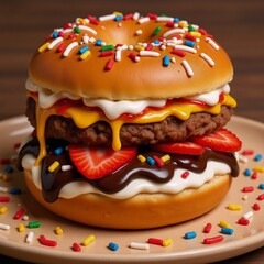 Burger with donut bun and creative toppings