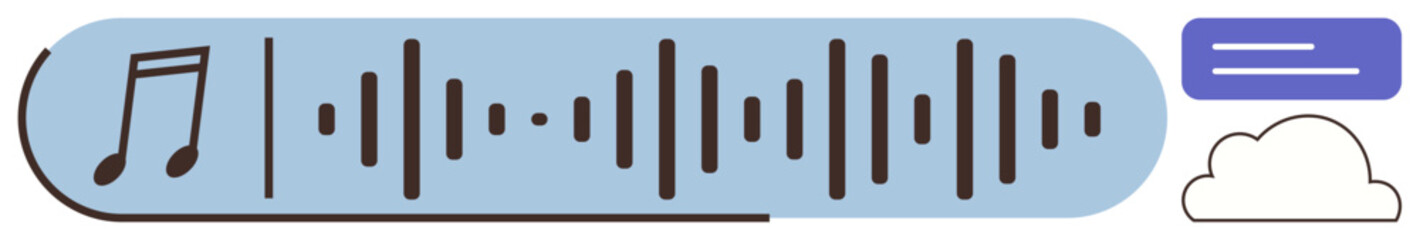 Music note, sound waveform, cloud, and equalizer bar create a digital audio theme. Ideal for music, streaming, audio sharing, cloud storage, podcast sound editing file sharing simple flat metaphor