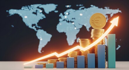 Financial Growth Chart with a Euro Coin in Front of a Digital World Map.