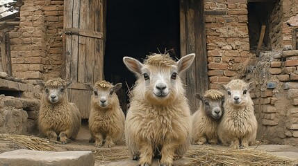 Obraz premium Charming group of lambs poses playfully in front of a rustic wooden barn door