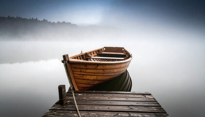 Wooden boat on a foggy lake dock