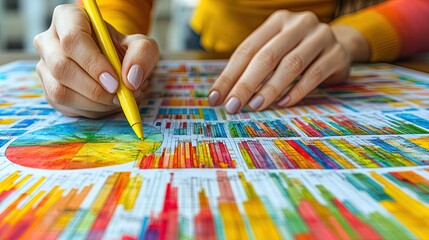 Fototapeta premium Close-up of a person analyzing colorful business data charts with a yellow pen focusing on