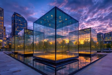 Obraz premium Floating cubes glow with radiant reflections above a cityscape, blending geometric abstraction with light and imaginative design.