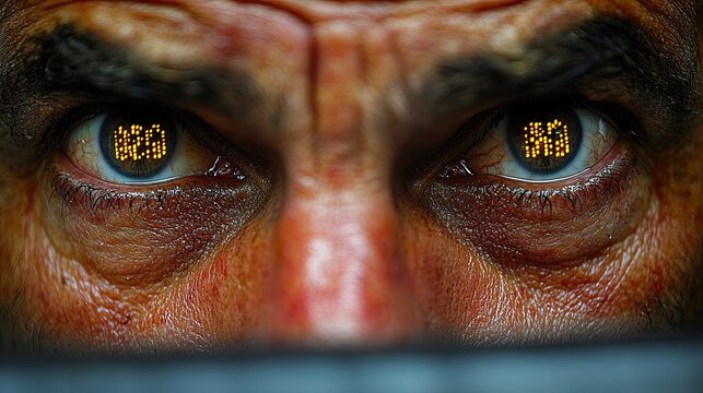 Close-up of intense eyes reflecting digital matrix symbolizing technology and data visualization - Powered by Adobe