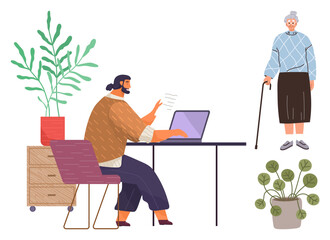 Man typing on laptop during virtual interaction with elderly woman. Indoor plants, desk setup, and interaction highlight caregiving, telecommunication, work-life balance, and technology adoption