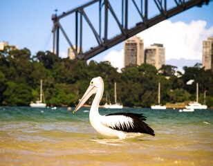 Pelican by a bridge, city in background