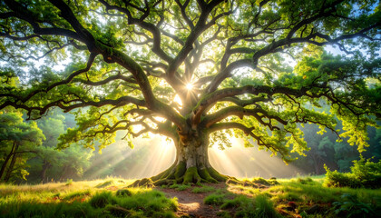 Fototapeta premium Majestic Tree Illuminated by Golden Sunlight with Green Foliage and Forest Background