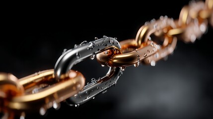 A metallic chain with two interlocking links, reflecting water droplets, against a dark background.