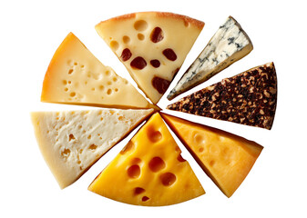 Assorted Cheese Wedges on Transparent Background in Top View Layout