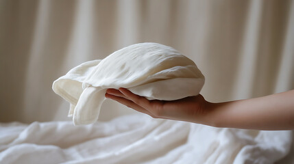 hand gently holding cap above folded linen cloth, minimalist zen-inspired tone, soft neutral light.