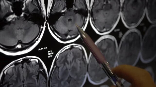 radiologist analyzing a patient head x ray scan on computer. Doctor shows a patient results of brain X-ray on a computer. Doctor examining head X-ray.