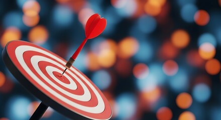 Bullseye Achievement Arrow Hits Target for Success & Precision, on Bokeh Lights Backdrop