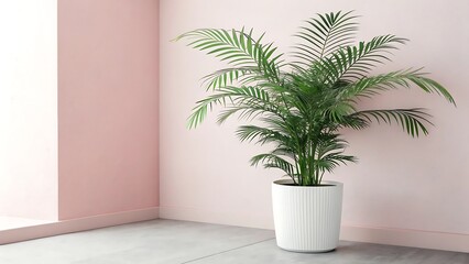 Tall green houseplant in a white pot against a soft pink wall