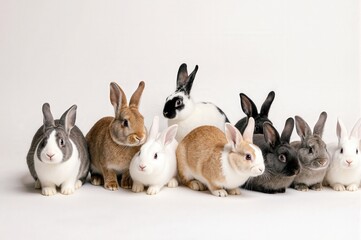 Fototapeta premium Group of Diverse Rabbits Posed Together Against a White Background