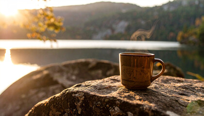 Serene Coffee Moment by the Lake: A warm, aromatic mug of coffee rests on a weathered stone, steam rising gracefully against the backdrop of a tranquil lake and the soft glow of the morning sun.